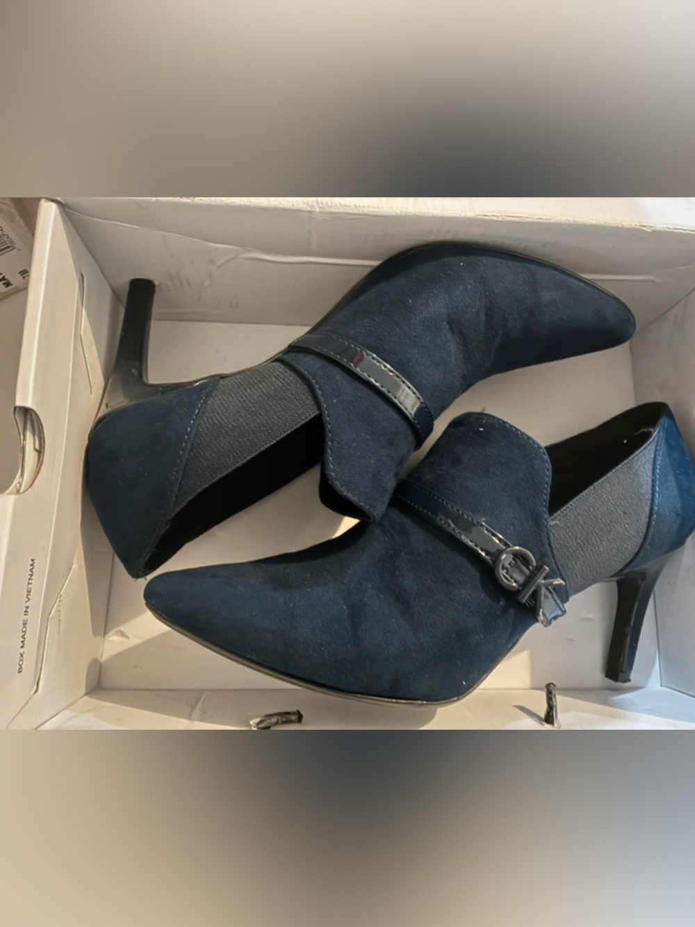 Calvin Klein Navy Suede Pointed Ankle Booties with Buckle